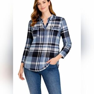 Jones New York Plaid Blouse Women’s L Lightweight Stretch Blue White